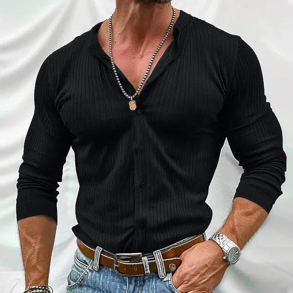 Men's Solid Color Striped Round Neck Long Sleeve Shirt