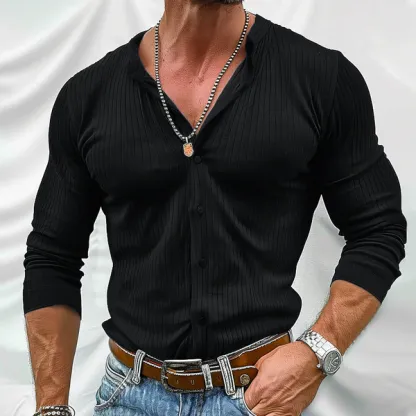 Men's Solid Color Striped Round Neck Long Sleeve Shirt