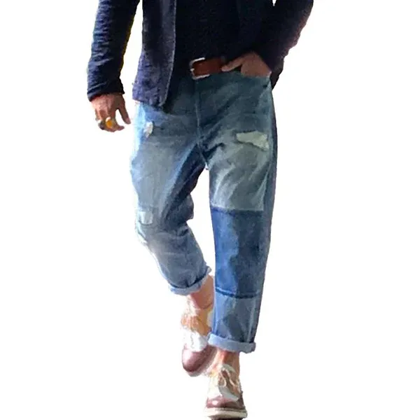 Men's Vintage Washed Distressed Patchwork Jeans