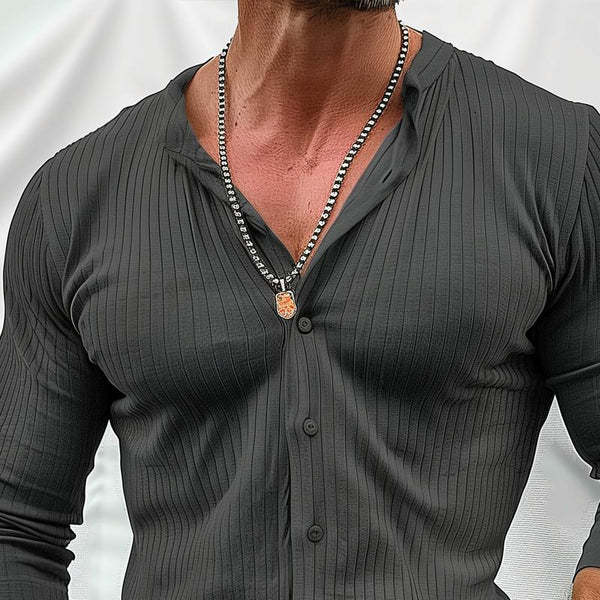 Men's Solid Color Striped Round Neck Long Sleeve Shirt