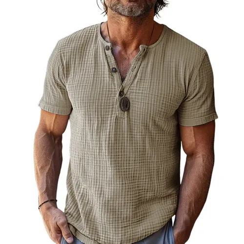Men's Casual Waffle Henley Neck Slim Fit Short Sleeve T-Shirt