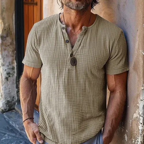 Men's Casual Waffle Henley Neck Slim Fit Short Sleeve T-Shirt