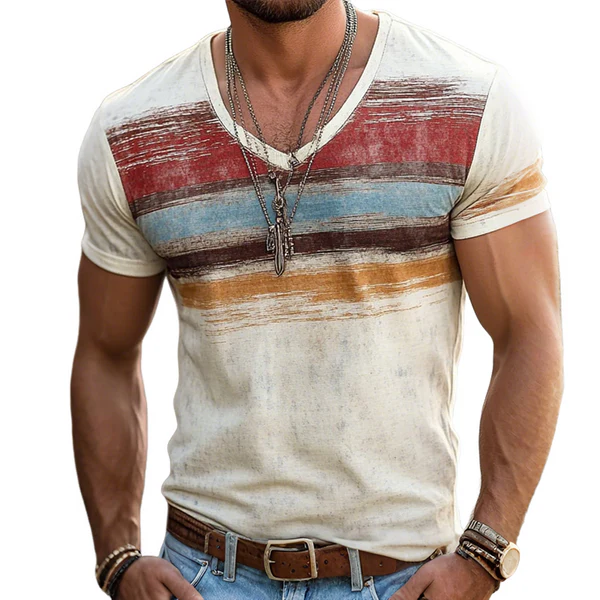 Men's Retro Casual Shabby Striped Printed V-Neck Short Sleeve T-Shir