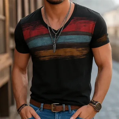 Men's Retro Casual Shabby Striped Printed V-Neck Short Sleeve T-Shir