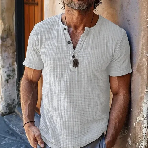 Men's Casual Waffle Henley Neck Slim Fit Short Sleeve T-Shirt