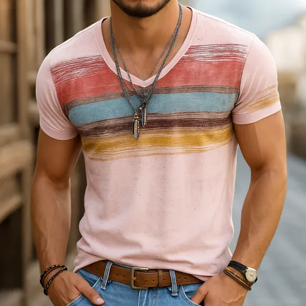 Men's Retro Casual Shabby Striped Printed V-Neck Short Sleeve T-Shir