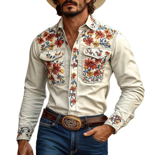 Men's Western Cowboy Style Embroidered Lapel Chest Pocket Long Sleeve Cotton Shirt