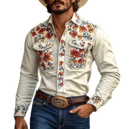 Men's Western Cowboy Style Embroidered Lapel Chest Pocket Long Sleeve Cotton Shirt