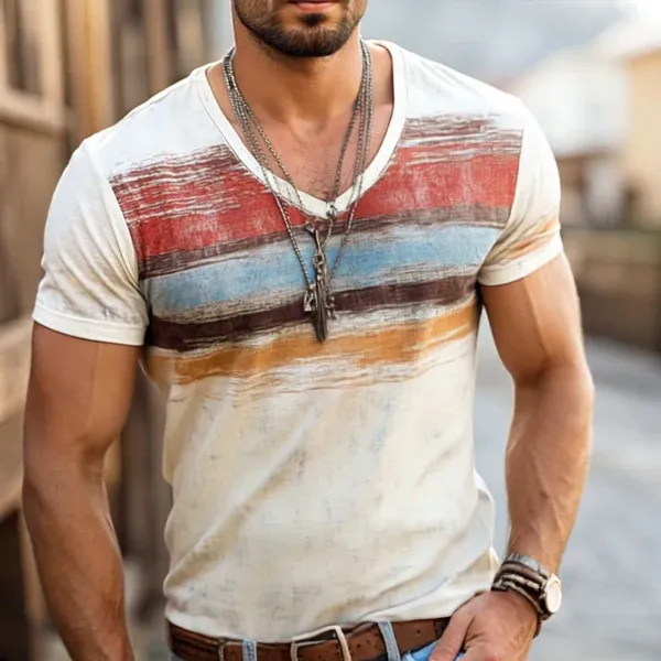 Men's Retro Casual Shabby Striped Printed V-Neck Short Sleeve T-Shir