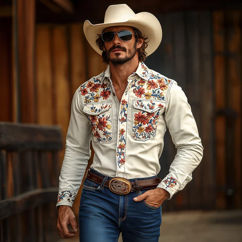 Men's Western Cowboy Style Embroidered Lapel Chest Pocket Long Sleeve Cotton Shirt