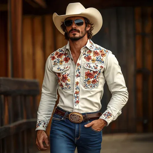 Men's Western Cowboy Style Embroidered Lapel Chest Pocket Long Sleeve Cotton Shirt