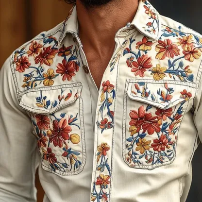 Men's Western Cowboy Style Embroidered Lapel Chest Pocket Long Sleeve Cotton Shirt