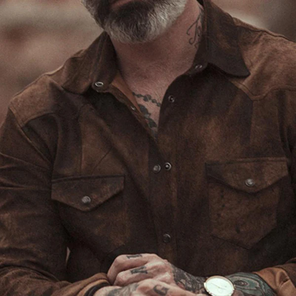 Men's Vintage Casual Suede Lapel Long Sleeve Shirt
