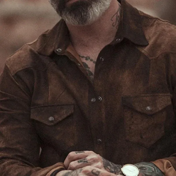 Men's Vintage Casual Suede Lapel Long Sleeve Shirt