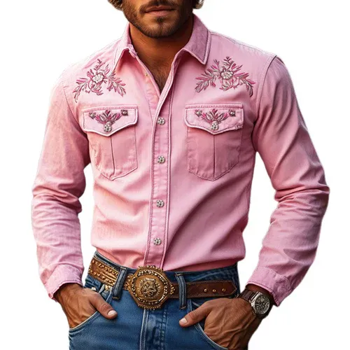 Men's American Retro Western Style Cotton Blend Embroidered Long Sleeve Shirt