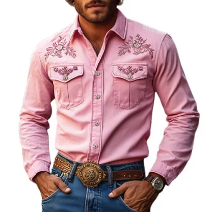 Men's American Retro Western Style Cotton Blend Embroidered Long Sleeve Shirt