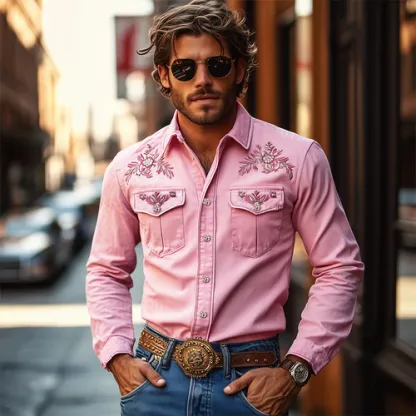 Men's American Retro Western Style Cotton Blend Embroidered Long Sleeve Shirt