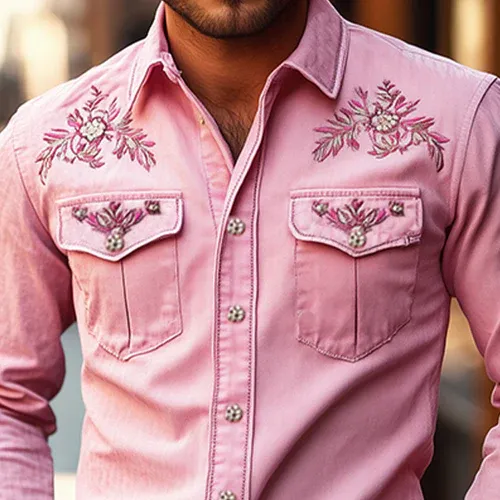 Men's American Retro Western Style Cotton Blend Embroidered Long Sleeve Shirt