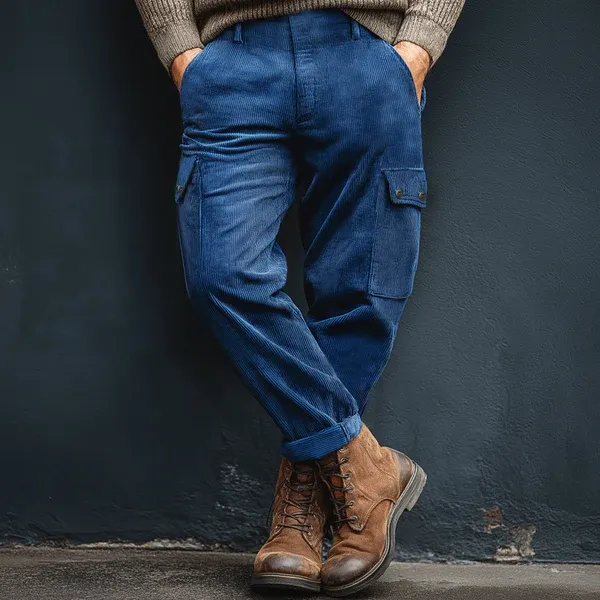 Men's Classic Royal Blue Corduroy Cargo Pants