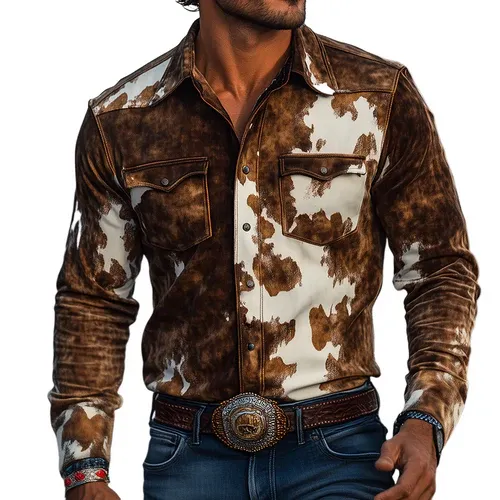 Men's Retro Casual Western Style Cow Print Suede Lapel Long Sleeve Shirt
