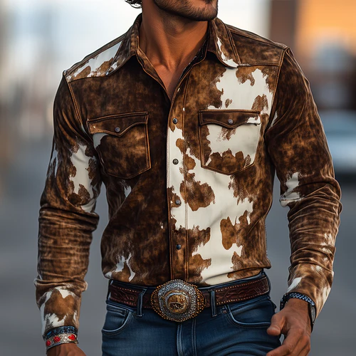 Men's Retro Casual Western Style Cow Print Suede Lapel Long Sleeve Shirt
