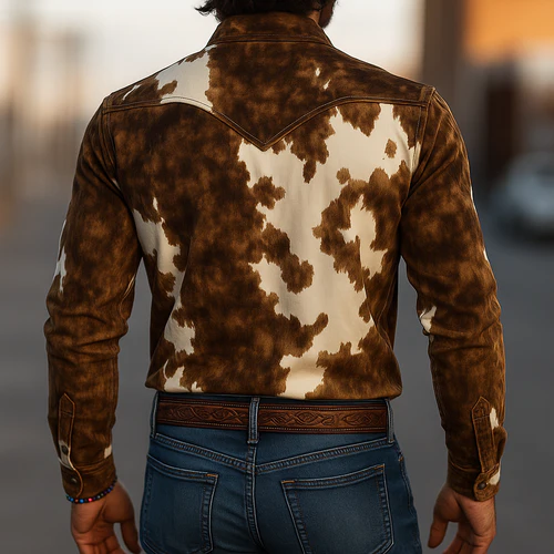 Men's Retro Casual Western Style Cow Print Suede Lapel Long Sleeve Shirt