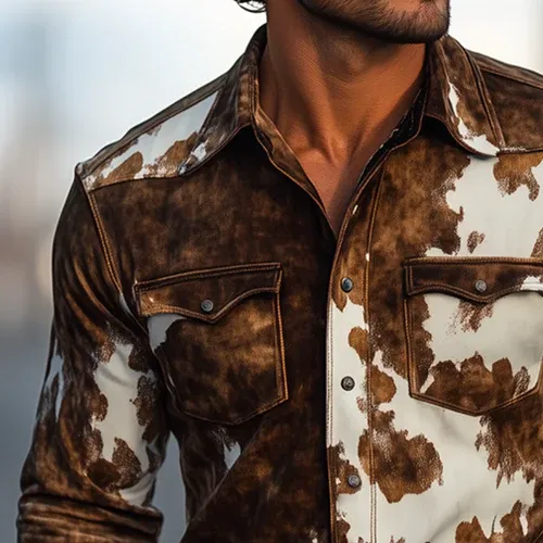 Men's Retro Casual Western Style Cow Print Suede Lapel Long Sleeve Shirt