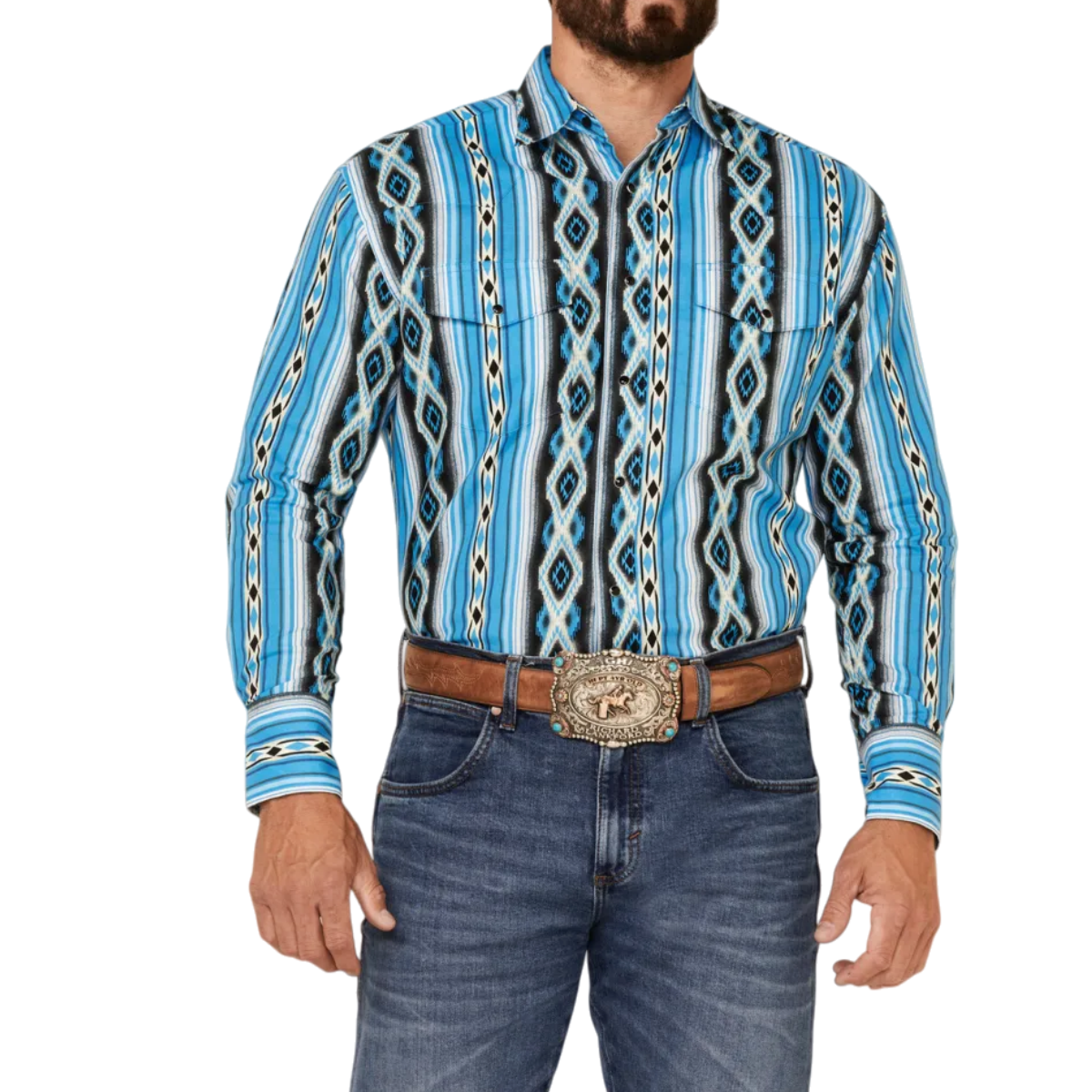 Blue Aztec Long Sleeve Snap Western Shirt