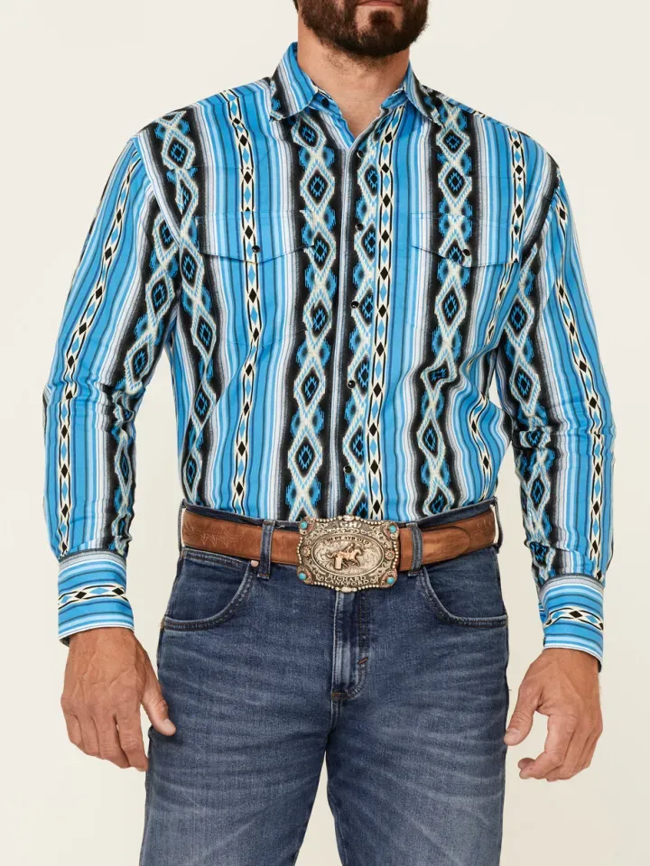 Blue Aztec Long Sleeve Snap Western Shirt