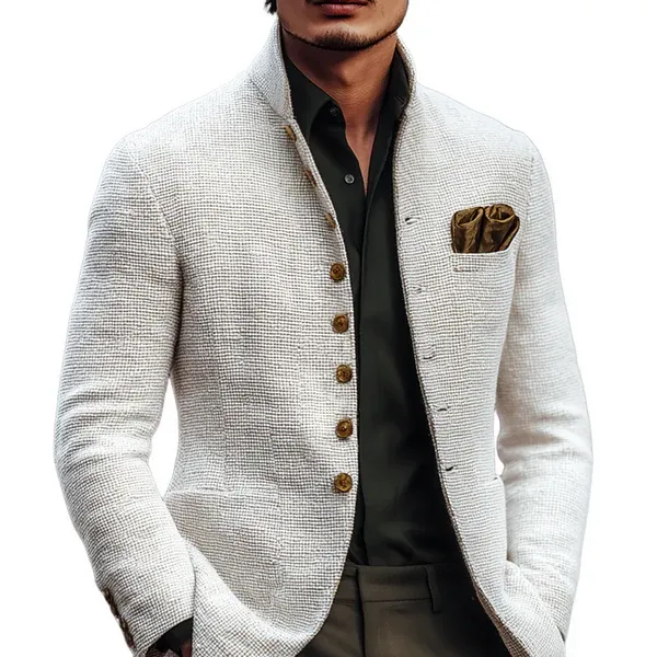 Men's Solid Tweed Stand Collar Single Breasted Casual Jacket