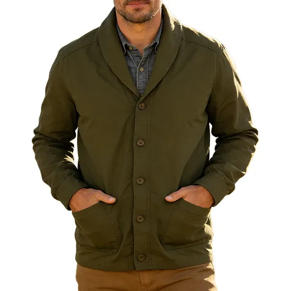 Men's Retro Casual Cotton Collarless Workwear Cardigan Button Jacket