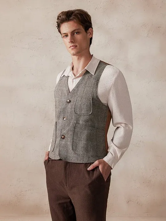 Plaid Splicing Tweed Vest