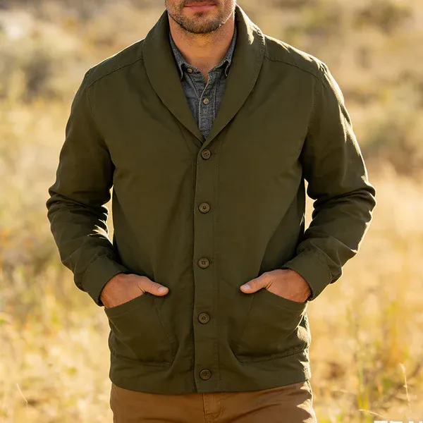 Men's Retro Casual Cotton Collarless Workwear Cardigan Button Jacket