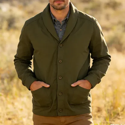 Men's Retro Casual Cotton Collarless Workwear Cardigan Button Jacket