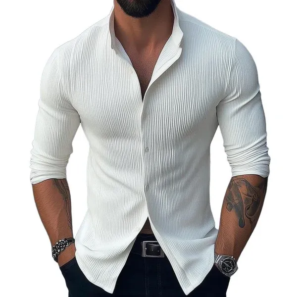Men's Solid Color Stand Collar Long Sleeve Casual Shirt