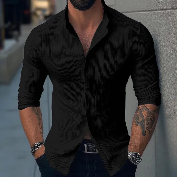 Men's Solid Color Stand Collar Long Sleeve Casual Shirt
