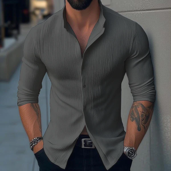 Men's Solid Color Stand Collar Long Sleeve Casual Shirt