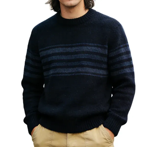Men's Retro Casual Knit Striped Crew Neck Sweater