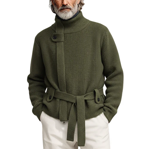 Men's Classic Casual Stand-up Collar Zip-up Knit Cardigan (belt Included)