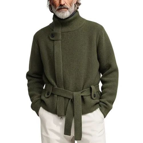 Men's Classic Casual Stand-up Collar Zip-up Knit Cardigan (belt Included)