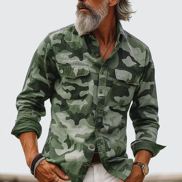 Men's Camouflage Lapel Breast Pocket Cargo Shirt
