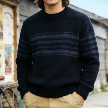 Men's Retro Casual Knit Striped Crew Neck Sweater