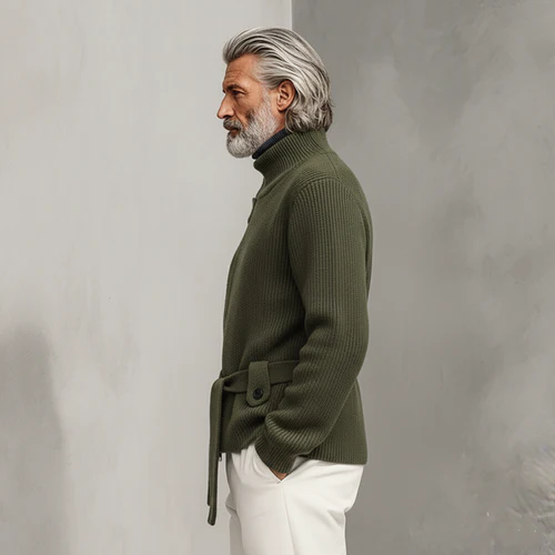 Men's Classic Casual Stand-up Collar Zip-up Knit Cardigan (belt Included)