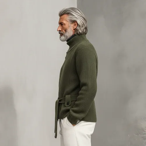 Men's Classic Casual Stand-up Collar Zip-up Knit Cardigan (belt Included)