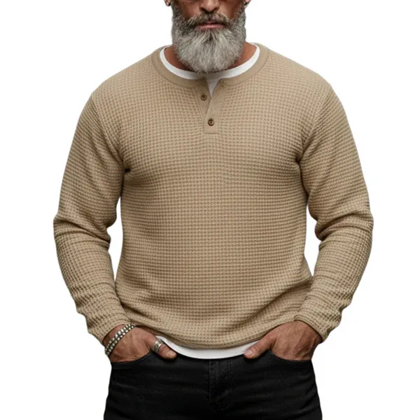 Men's Classic Casual Faux Two-piece Waffle Knit Long-sleeved T-shirt
