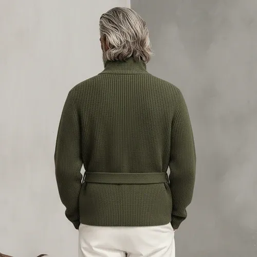 Men's Classic Casual Stand-up Collar Zip-up Knit Cardigan (belt Included)