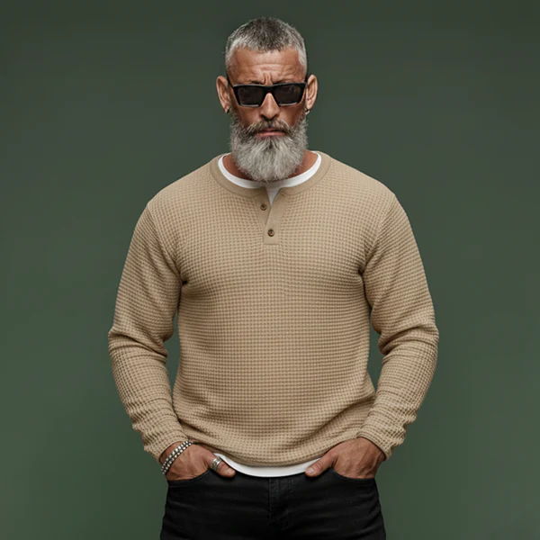 Men's Classic Casual Faux Two-piece Waffle Knit Long-sleeved T-shirt