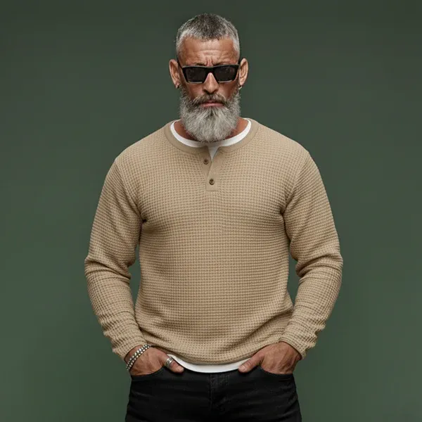 Men's Classic Casual Faux Two-piece Waffle Knit Long-sleeved T-shirt