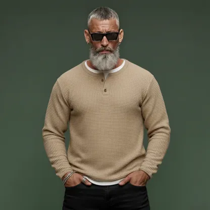 Men's Classic Casual Faux Two-piece Waffle Knit Long-sleeved T-shirt