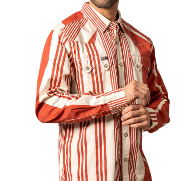Men's L/S Bandit Striped Western Snap Shirt in Brick Red